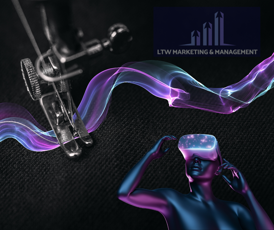 An eye-catching image showcasing a close-up view of a sewing machine set against a stark black background, artfully stitching threads of vibrant blue and purple light. A mannequin elegantly positioned nearby, dressed in avant-garde fashion, wears a cutting-edge virtual AI headset, symbolizing a keen observer in this surreal tableau. This vivid scene paints a symbolic representation of Instagram Meta's revolutionary new Threads App, threading together the realms of virtual and reality, and sweeping the digital world by storm.